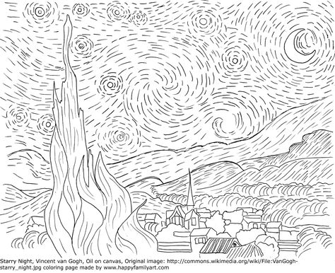 Starry Night Coloring Page, Famous Art Coloring, Van Gogh Coloring, فنسنت فان جوخ, Gogh The Starry Night, Starry Night Art, Coloring Pages Inspirational, Arte Van Gogh, Paintings Famous