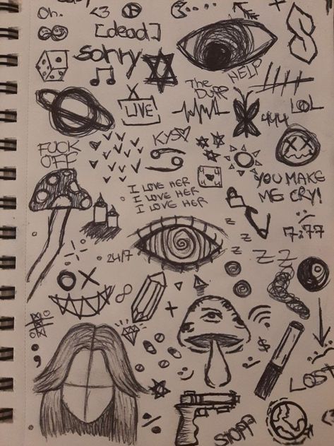 Page Full Of Sketches, Aesthetic Indie Drawings Easy, Small Goth Doodles, Easy Things To Sketch Doodles, Punk Doodles Drawings, Emo Doodles Easy, Small Grunge Drawings, Grudge Drawings Aesthetic, Things To Draw Grunge