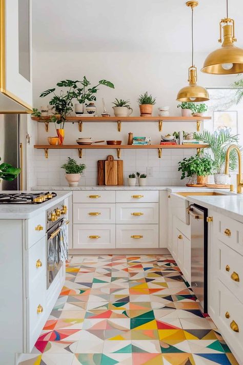 1940s Kitchen Flooring, Colorful Flooring Ideas, Home Color Decor Ideas, Kitchen With Purple Accents, Bright Fun Interior Design, Fun Kitchen Flooring, Modern White Cabinets Kitchen, Pop Of Color Decor Ideas, Colorful Apartment Aesthetic Kitchen