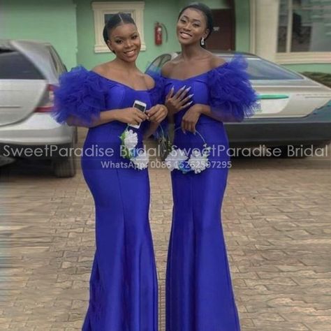 Royal Blue Satin Prom Dress, Bridesmaid Dresses Off Shoulder, Sleeves Bridesmaid Dresses, Blue Satin Prom Dress, Royal Blue Bridesmaids, Latest Bridesmaid Dresses, Boubou Styles For Women, Mermaid Shorts, Igbo Wedding