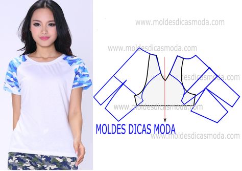 Faça a leitura da transformação do molde de blusa manga curta raglan com rigor antes de iniciar qualquer outro processo. Imprima o molde base de blusa e... Raglan Tee Pattern, Top Pattern Sewing, Tunic Sewing Patterns, Sewing Collars, Sewing Blouses, Sewing Tops, Make Your Own Clothes, Garment Pattern, Blouse Pattern Sewing