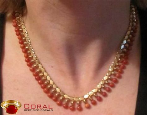 Grace your look with this #fascinating #coral beads #gold #necklace Indian Jewellery Gold, Beads Gold Necklace, Coral Jewellery, Coral Gemstone, Pearl Necklaces, Jewellery Gold, Coral Jewelry, Gold Jewelry Indian, Gold Crystal