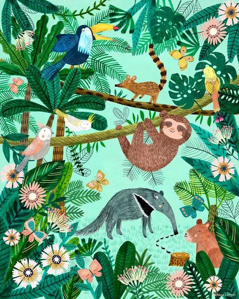 Jungle Wall Stickers, Jungle Illustration, Animals And Plants, Jungle Art, Posca Art, Stretched Canvas Wall Art, Tropical Art, Retro Wallpaper, Art Wall Kids