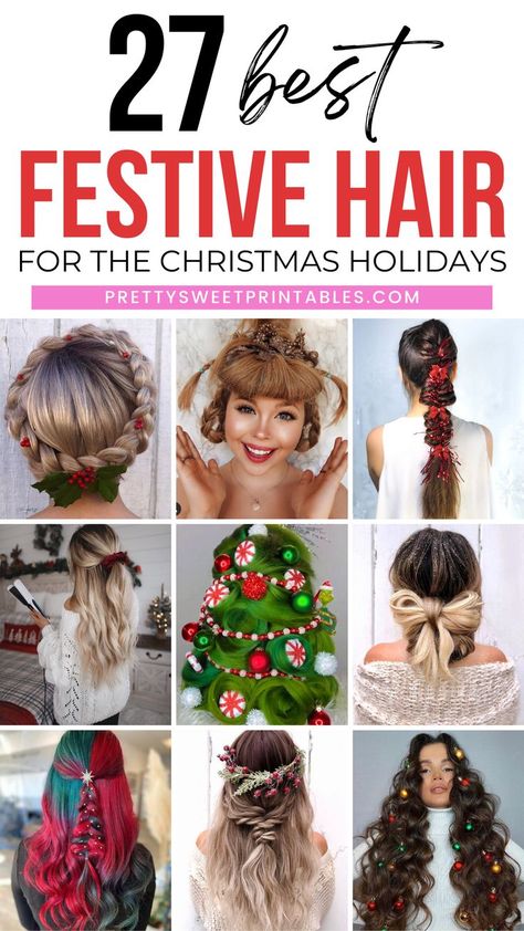 Christmas holiday hairstyles Silly Christmas Hairstyles, Christmas Hair For Women, Winter Crazy Hair Day, Xmas Hairstyles For Women, Christmas Updos For Long Hair, Fun Holiday Hairstyles, Elf Hairstyles Christmas, Christmas Updo Party Hair, Crazy Holiday Hair