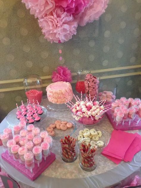 50+ Easy Baby Shower Ideas for Girls - HubPages Pink Birthday Table Ideas, Pink Sweet Table Ideas, Pink Birthday Table Decorations, Pink Party Table Ideas, Snack Table Ideas Party Pink, Pink Dessert Tables Wedding, Pink Sweet 16 Food Table, Pink Food Table Decor, Pink Party Simples