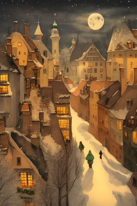 IArt - Artist Unknown Winter City Illustration, Fantasy Houses, Christmas Illustrations, Winter Illustration, Pop Art Wallpaper, City Illustration, Fantasy House, Winter Scenery, Aesthetic Painting