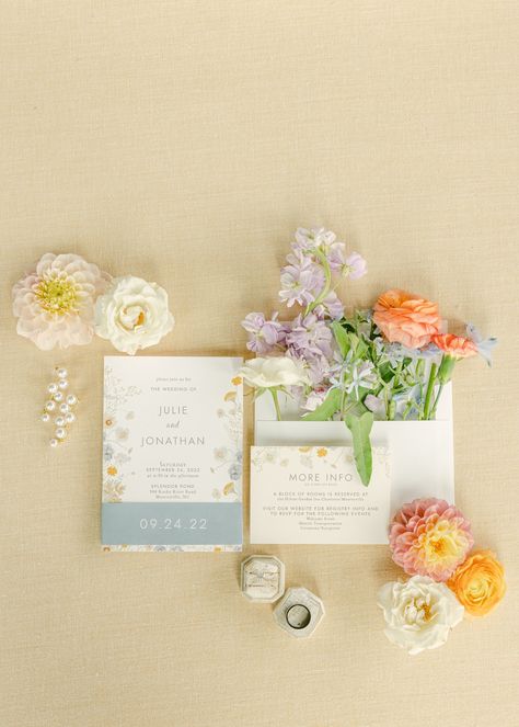 Garden Party Wedding Stationary, Garden Theme Wedding Invitations, Garden Party Wedding Details, Wedding Invitations Photography, Colorful Wedding Details, Spring Wedding Detail Shots, Wedding Invite Flat Lay, Spring Wedding Stationary, Wedding Invitation Spring