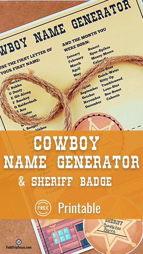 Add Some Flair to Your Wild West Studies or party with a Cowboy Name Generator and Sheriff Badge. This name generator is sure to add hilarity to your homeschool, classroom, or get-together. Find your ridiculous cowboy name with this free printable. Wild West Camp Theme, Cowboy Printables Free, Wild West Stem Activities, Cowboy Names Wild West, Wild West Science Activities, Cowboy Name Generator, Wild West Unit Study, Wild West Activities, Cowboy Birthday Party Invitations