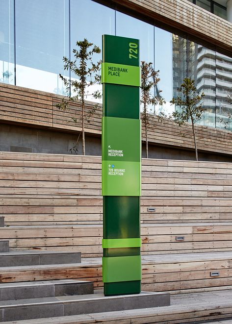 Medibank Headquarters Signage and Wayfinding | Studio Ongarato Street Wayfinding, Signage Architecture, Monument Signage, Pylon Signage, School Signage, Environmental Graphics Signage, Hotel Signage, Wayfinding Signage Design, City Branding