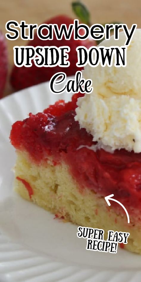 It's the fresh strawberries that make this so delicious! This dump cake is really easy to make. It uses a cake mix so that really helps with reducing the work to get this done. Strawberry Upside Down Cake Easy, Strawberry Box Cake Mix Hacks, Strawberry Upside Down Cake, Canned Strawberries, French Vanilla Cake, Fresh Strawberry Recipes, Three Ingredient Recipes, Baked Desserts, Strawberry Cake Mix