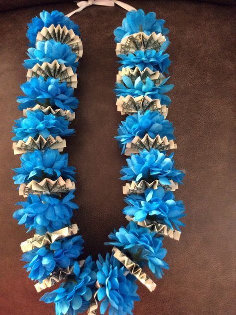 Blue Pom Flower Money Lei Flower Money Lei, Flower Money, Graduation Money Lei, Graduation Money Gifts, Blue Pom Pom, Money Flowers, Graduation Money, Graduation Leis, Parents Love