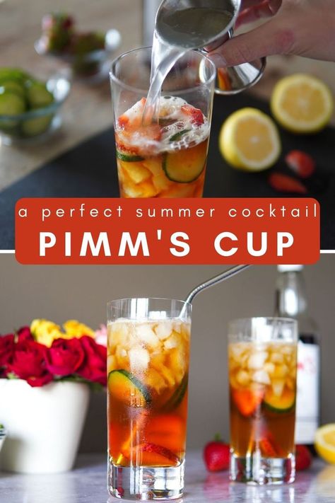 Pimm's Cup with red and yellow roses. British Cocktails, Recipe With Ginger, Pimm's Cup, Pimms Cup, Cocktail Appetizers, Refreshing Summer Cocktails, Brunch Cocktails, Ginger Recipes, Summer Cocktail