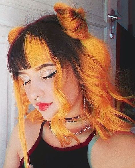 Half Orange And Black Hair, Black And Orange Color Block Hair, Black With Orange Hair, Black Hair Orange Bangs, Split Dyed Hair Black And Orange, 4 Split Dyed Hair, Black Roots Orange Hair, Half Black Half Colored Hair, Half And Half Hair Styles