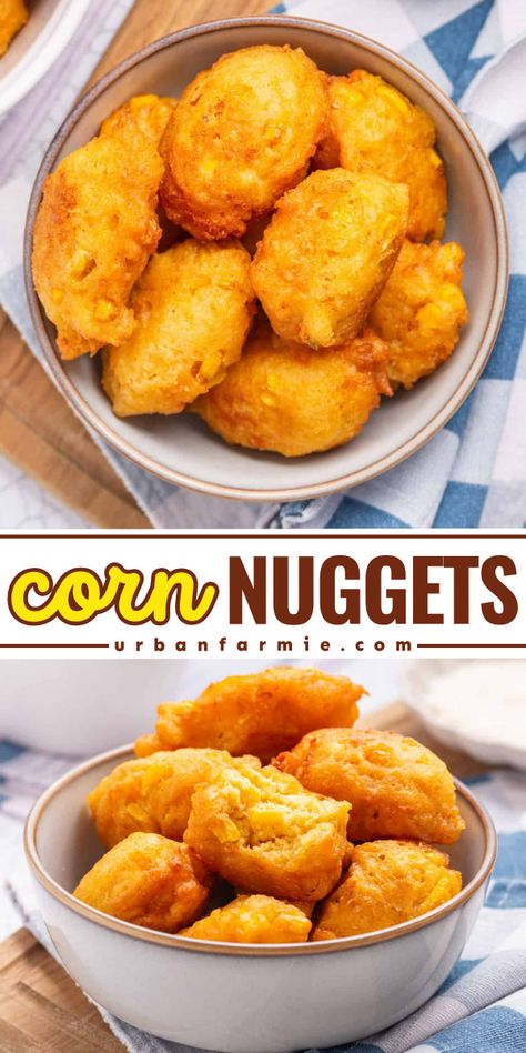 These crispy corn nuggets are cheesy, perfectly golden and irresistibly tasty. Ready in just 20 minutes, with frying, air frying and baking instructions! Fried Corn Bites, Air Fried Side Dishes, Air Fryer Corn Muffins, Baked Corn Fritters Oven, Corn Snacks Recipes, Fried Veggies Recipes, Fried Chicken Meals Sides, Easy Tasty Vegetarian Recipes, Homemade Snacks For Adults