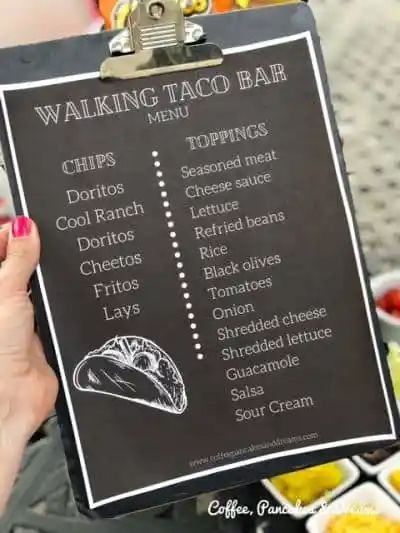 Taco Bar Menu Sign, Walking Taco Station, Walking Taco Party Ideas, Walking Taco Sign, Walking Taco Bar Wedding, Walking Taco Ideas, Walking Taco Bar Set Up Ideas, Different Food Bars Party Ideas, Walking Nacho Bar