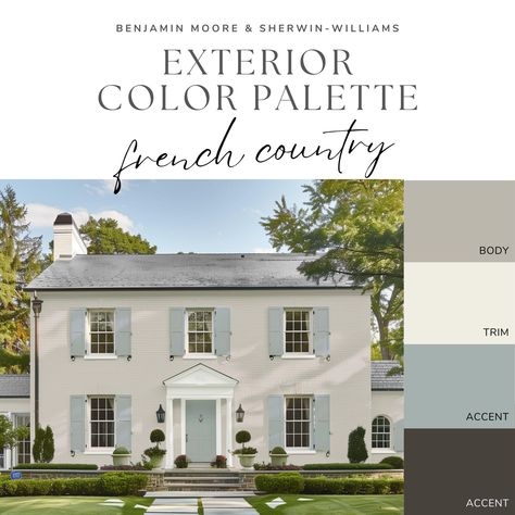 Elevate your home's exterior with our French Country Exterior Color Palette - an expertly curated collection of greige (blend of gray and beige), warm white, blue-gray, and dark brown paint colors that can make your home the envy of the block! Delivered as a convenient digital download, this guide features handpicked Benjamin Moore and Sherwin-Williams exterior paint colors, complete with names and codes. This palette makes it easy to achieve beautiful results, without the overwhelming trips to Alabaster And Dorian Gray Exterior, Exterior Paint Inspiration, Colored Farmhouse Exterior, Escape Gray Sherwin Williams Exterior, Beautiful Exterior House Colors, Exterior Gray Paint Colors For House, Brick House Exterior Paint Ideas, Beige Brick House Exterior Color Schemes, French Country Exterior Paint Colors