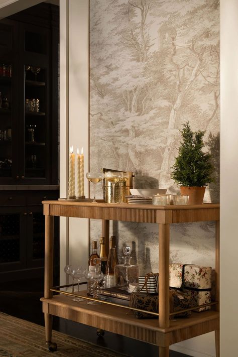 Styling A Bar Cart For Holiday Hosting - Studio McGee Round Bar Cart, Perfect Bar Cart, Holiday Bar Cart, Dining Room Bar Cart, Bar Nook, The Mcgee Home, Mcgee Home, Modern Bar Cart, Holiday Bar