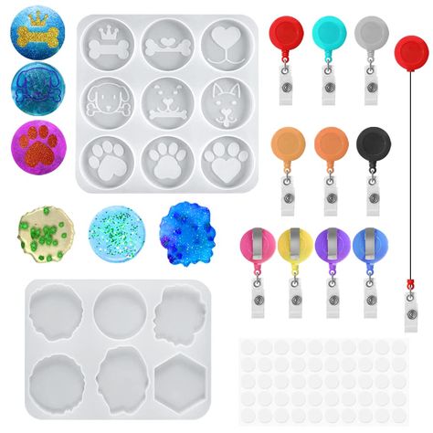 PRICES MAY VARY. PACKAGE INCLUDES: You will get 2 silicone molds, 10 retractable badge reels, 50 pieces of 20mm transparent double-sided circular adhesive tape. Enough quantity and variety to meet your needs. MULTIPLE COLORS AND STYLES: There are 15 cavities in the two types of silicone molds. Each cavity has a different pattern. You have 15 choices. 10 retractable badge clips, the colors are random, you will get different surprises, and you can choose a variety of colors at will. SIZE: 2 types How To Make Badge Reels, How To Make Badges, Epoxy Resin Crafts, Diy Resin Art, Diy Resin Crafts, Diy Resin, Retractable Badge Reel, Resin Molds, Resin Diy