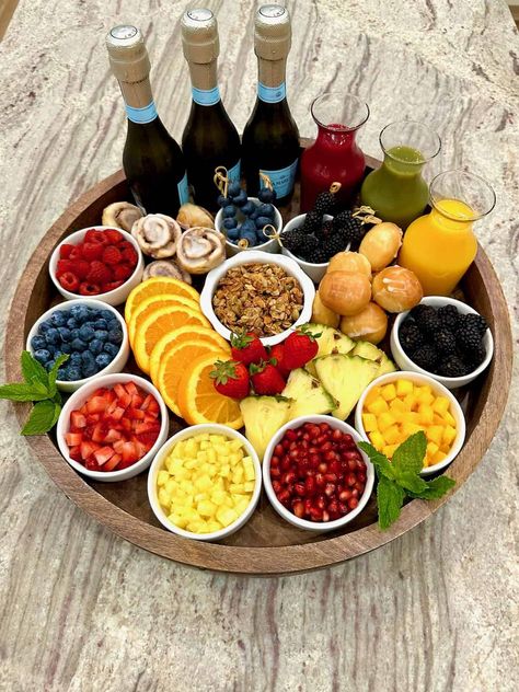 Mimosa Board - The BakerMama Fruit In Wine Glasses, Breakfast Theme, Raspberry Granola, Champagne Cheers, Mini Cinnamon Rolls, Birthday Party Snacks, Charcuterie Inspiration, Wine Tasting Party, Berry Juice