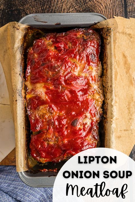 Craving a delicious meatloaf but don't want to bother with a long list of ingredients and hours of prep? This Lipton Onion Soup Meatloaf is is your answer! You only need 10 minutes to prep and with ingredients like Lipton Onion Soup and ground beef you can always have what you need on hand. The finished product is juicy, flavorful, and a guaranteed hit on any dinner table. Lipton Soup Meatloaf Recipe, Lipton Soup Meatloaf, Onion Soup Mix Meatloaf, Lipton Onion Soup Meatloaf, Ground Beef Meatloaf, Delicious Meatloaf, Beef Meatloaf, Lipton Onion Soup Mix, Slow Cooker Pork Chops