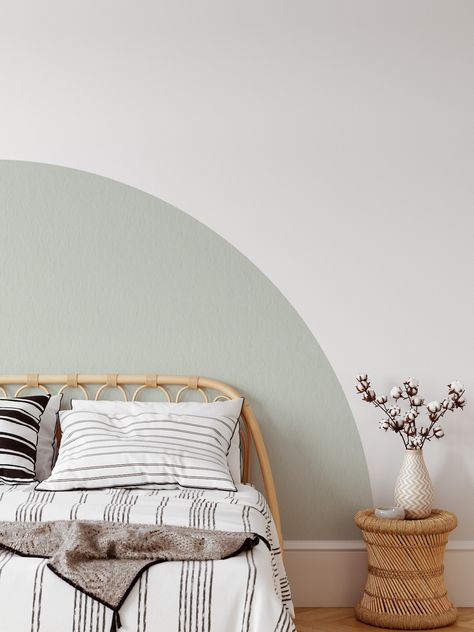 Sage green removable arch wall sticker in neutral styled bedroom Boho Wall Behind Bed, Wallpaper Feature Wall Stairs, Arch Painted Headboard, Bedhead Feature Wall Design, Sage Green Arch Wall, Sage Green Wallpaper For Bedroom, Bedroom Sage Green Accent Wall, Half Circle Accent Wall, Sage Green Accent Bedroom