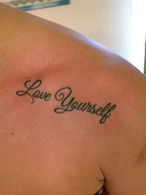 "Love  Yourself" tattoo! Love Yourself Neck Tattoo, Love Yourself Cursive Tattoo, Love Myself Tattoo Design, The Word Love Tattoos, Love Yourself Tattoos For Women, Love Myself Tattoo, Arm Tattoos For Women Forearm, Support Tattoo, Yourself Tattoo