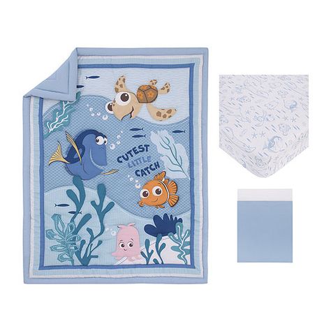 Disney Collection 3-pc. Finding Nemo Crib Bedding Set, Color: Lt Blue - JCPenney Finding Nemo Nursery Theme, Finding Nemo Nursery, Nemo Nursery, Disney Baby Nurseries, Nemo And Dory, Mini Crib Bedding, Blue Crib, Disney Finding Nemo, Kids Comforters