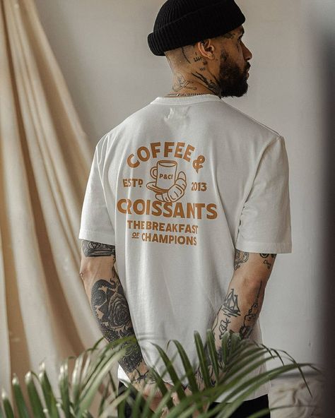 P&Co on Instagram: “A combination we're here for ☕️ 🥐  ​ ​Shop graphic t-shirt including our Coffee & Croissants tee online now.  ​ ​” Off White Graphic, Relaxed Fit Men, Foodie Design, Coffee Graphic Tee, Layering Hoodies, Overalls Men, Coffee Club, Coffee Tshirt, Chore Jacket