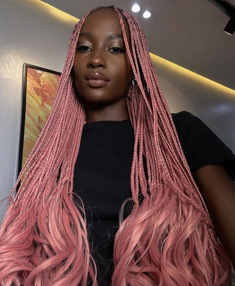 Pink Short Braids, Light Pink Braids Black Women, Pink Braids With Curls, Pink French Curl Braids, Blonde And Pink Box Braids, Pink Goddess Braids, Pink Hair Braids, Pink Braids Black Women, Black And Pink Braids