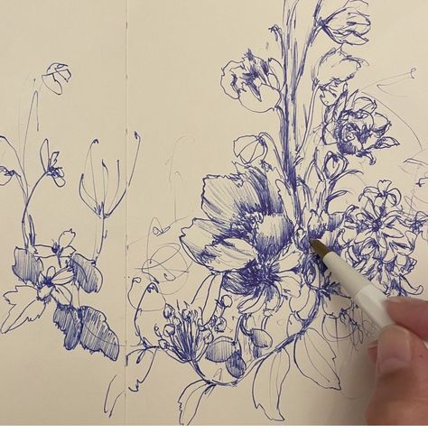 Messy Flowers Drawing, Flower Study Sketch, Flower Pen Drawing, Ball Pen Sketch Aesthetic, Flower Pen Illustration, Ballpoint Pen Flower Drawing, Ballpoint Pen Art, Botanical Sketchbook, Pen Art Drawings