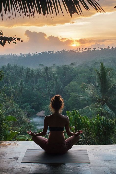 "🧘‍♀️🌴 Escape to a yoga retreat in Bali! Find peace, relaxation, and rejuvenation in a tropical paradise. 🌺🌿 #YogaRetreat #BaliWellness #TropicalEscape" Luxury Yoga Retreat, Inner Peace Meditation, Yoga Vision Board Pictures, Bali Wellness Retreat, Yoga In Jungle, India Yoga Retreat, Bali Meditation Retreat, Working In Bali, Bali Yoga Aesthetic