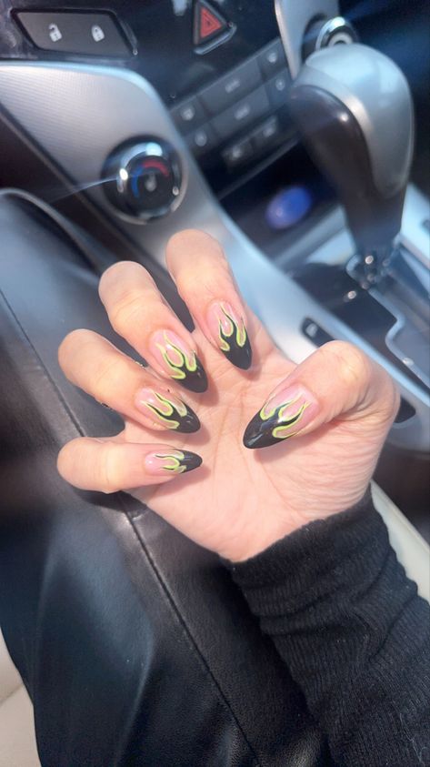 Green Flame Nail Art, Neon Green Flame Nails, Green Fire Nails, Green Flame Nails, Nails With Flames, Black Flame Nails, Flame Nails, Flame Nail Art, Purple Flame