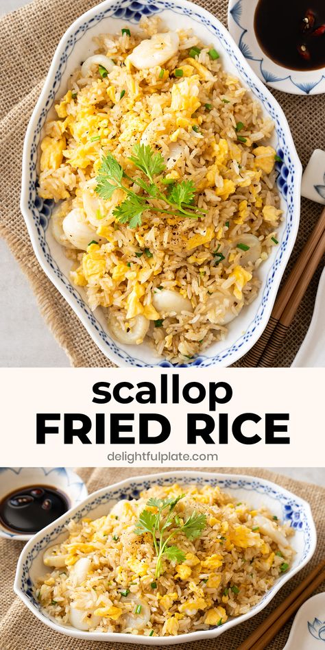 a plate of scallop fried rice Scallop Fried Rice, Phillipino Food, Seafood Fried Rice, Shrimp And Rice Recipes, Asian Seasoning, Confort Food, Fry Recipes, Healthiest Seafood, Easy Chinese Recipes