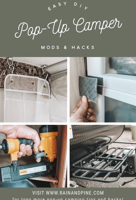 Easy DIY pop-up camper mods and hacks - how to add storage to a camper trailer, how to create storage for #camping #hacks #food #campinghacksfood Easy DIY pop-up camper mods and hacks - how to add storage to a camper trailer, how to create storage for a rug with a pipe on the bumper, how to install hooks in the roof, how to convert a dinette into a bed or couch, and more! This website has tons of pop-up camping tips including free packing list camp printables! - Rain and Pine Tent Trailer Remodel, Tent Trailer Camping, Camper Mods, Pop Up Camper Trailer, Popup Camper Remodel, Pop Up Tent Trailer, Camper Curtains, Create Storage, Glamper Camper