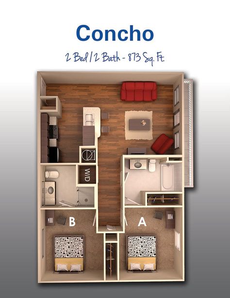 873 sq ft Two Bedroom Apartment, 3d House Plans, 2 Bedroom House Plans, Apartment Floor Plans, Sims House Plans, Small House Design Plans, Apartment Architecture, Apartment Layout, Apartment Plans