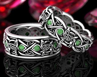 Mens wedding band celtic wolf | Etsy Celtic Emerald Ring, Mens Celtic Wedding Bands, Celtic Wedding Ring Sets, Music Note Ring, Music Rings, Nature Wedding Ring, Wedding Rings Sets His And Hers, Infinity Wedding Band, Silver Celtic Rings