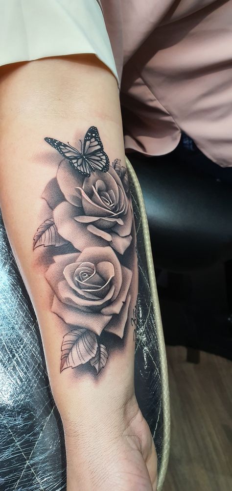 Roses and butterfly Rose Vine With Butterflies Tattoo, Roses Wrist Tattoos For Women, Two Roses And Butterfly Tattoo, Roses And Butterfly Tattoo On Shoulder, Ink Ideas Tattoo, Butterfly Rose Tattoo Sleeve, Roses And Lilies Tattoo, Back Rose Tattoo Women, Butterfly On Rose Tattoo