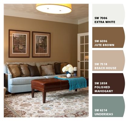 Chip It! by Sherwin-Williams – ChipCard by beach house and jute brown Color Capuchino, Living Room Inspiration Cozy, Boston Living Room, Brown And Blue Living Room, Interior Wall Colors, Brown Couch Living Room, Long Living Room, Brown Rooms, Room Color Schemes