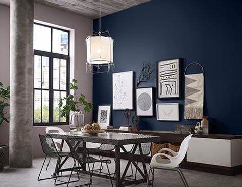 Sherwin-Williams’ Naval paint color gives us Roaring ’20s, nature and wellness vibes. Popular Paint Colors, Accent Wall Paint, Sherwin Williams Colors, Room Paint Colors, Wall Paint Colors, Paint Colors For Living Room, Living Room Colors, Paint Colors For Home, Living Room Paint