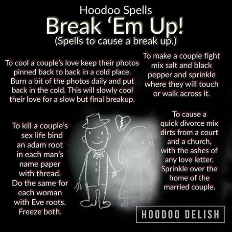 Ms Avi on Instagram: “~*~ HOODOO SPELLS: BREAK ‘EM UP! ~*~ By request! Here are some very simple spells it can be used to break up a couple. None of these…” Voodoo Spells Witchcraft, Hoodoo Delish, Hoodoo Conjure Rootwork, Karma Spell, Simple Spells, Hoodoo Magic, Spells That Actually Work, Curse Spells, Hoodoo Conjure