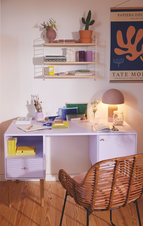 pastel lilac desk Lilac Office Ideas, Lilac Office, Lilac Decor, Workspace At Home, Productive Office, Ergonomics Furniture, Pastel Lilac, Sound Control, Improve Productivity