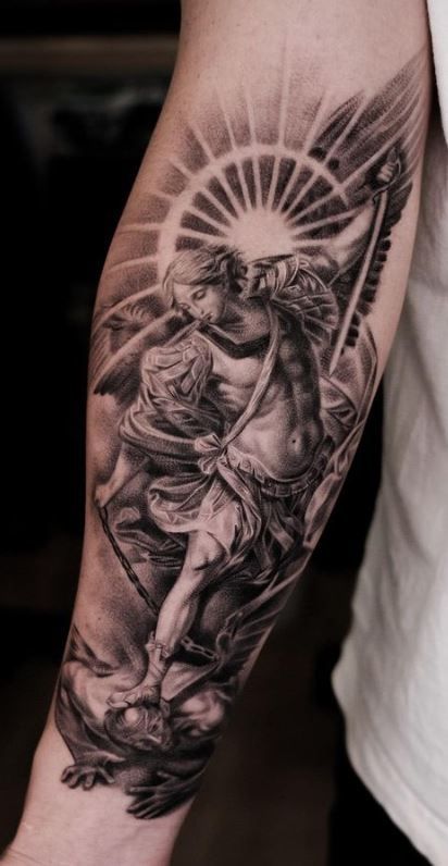 Fit Men Tattoo, Angel Sleeve Tattoos For Guys, Angel With Shield Tattoo, Angel Arm Sleeve Tattoo, Angel Of Life Tattoo, St Paul Tattoo, Angels Arm Tattoo, Angel Gabriel Tattoo Design, Angel Tattoo Sleeve For Men