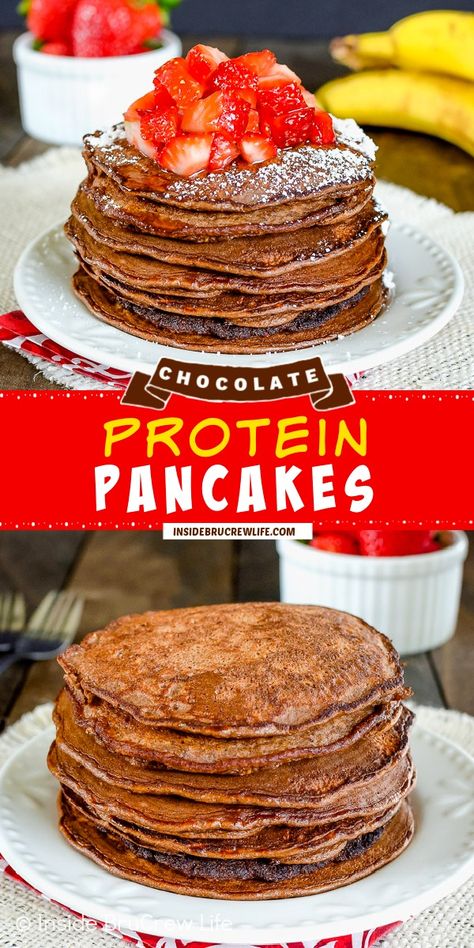 Enjoy these healthy Chocolate Protein Pancakes in minutes using a blender. Easy and delicious way to enjoy chocolate and pancakes for breakfast. Keep a batch in your fridge or freezer for busy mornings. Simple Banana Pancakes, Protein Pancakes Recipe, Easy Protein Pancakes, Best Whey Protein Powder, Protein Powder Pancakes, Chocolate Protein Pancakes, Easy Banana Pancakes, Banana Protein Pancakes, Banana Oatmeal Pancakes