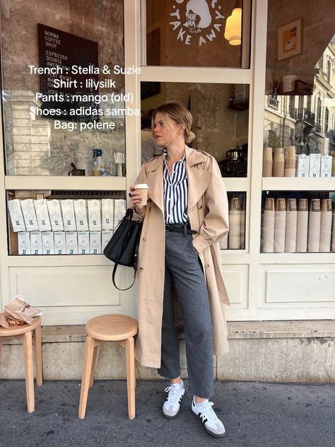 Elodieromy (@elodieromy) | TikTok Trench Coat Outfit Ideas, Trench Coat Outfit Fall, Trench Coat Outfits, Coat Outfit Ideas, Samba Sneakers, Trench Beige, Trench Coat Outfit, Beige Trench Coat, Denim Jacket Outfit