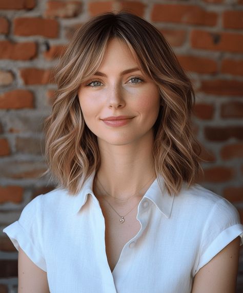 Medium-length layered haircut with side-swept bangs Middle Part Bangs, Medium Length Waves, Straight Across Bangs, Medium Length Bobs, Wavy Lob, Wavy Haircuts, Side Swept Bangs, Hair Advice, Stylish Haircuts