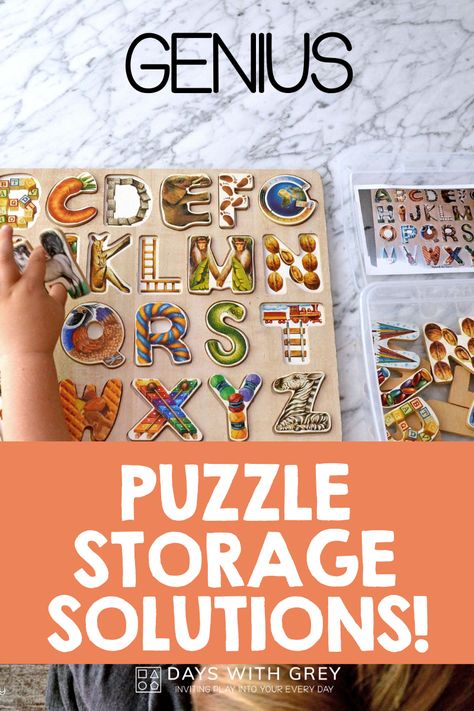 hack for storing puzzles Preschool Storage, Puzzle Organization, Toddler Organization, Puzzle Storage, Hard Puzzles, Toy Storage Solutions, Diy Puzzles, Kindergarten Games, Fine Motor Skills Activities