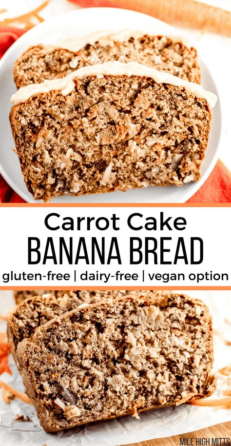 Banana Bread gone Carrot Cake! Think homemade, easy, classic Banana Bread but filled with shredded carrots, coconut, walnuts (or pecans), and topped with a dreamy, dairy-free cashew "cream cheese" frosting for a healthy treat, fun brunch food, or a fun weekend breakfast! This is one of my personal favorite breakfast recipes! Gluten-free, dairy-free, with an easy vegan option (with chia or flax eggs). Banana Carrot Bread, Carrot Cake Banana Bread, Dairy Free Carrot Cake, Cake Banana Bread, Cashew Cream Cheese, Decadent Cheesecake, Carrot Banana Cake, Recipe Cheesecake, Classic Banana Bread