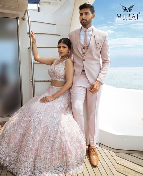 Pink Lehenga Matching Groom Dress, Pink Lehenga And Groom Suit, Groom Engagement Suit, Peach Groom Suit, Lehenga And Suit Couple, Reception Groom Suit, Peach Color Suit Men, Peach Colour Suit For Men, Reception Outfits For Groom