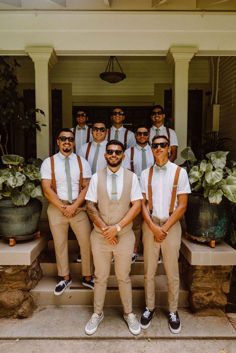 Groomsmen Attire Short Sleeve, Groom Short Sleeve Attire, Groom Second Outfit, Short Sleeve Mens Wedding Attire, Groomsmen In Vans, Hot Weather Groom Attire, Groomsmen Outfits Summer, Wildflower Groomsmen Attire, Floral Groomsmen Attire