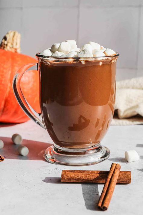 Pumpkin Spice Cocoa, Pumpkin Hot Chocolate Recipe, Pumpkin Spice Hot Cocoa, Cocoa Board, Cozy Pics, Hot Chocolate With Cocoa Powder, Autumn Beverages, Spiced Hot Chocolate Recipe, Samhain Recipes